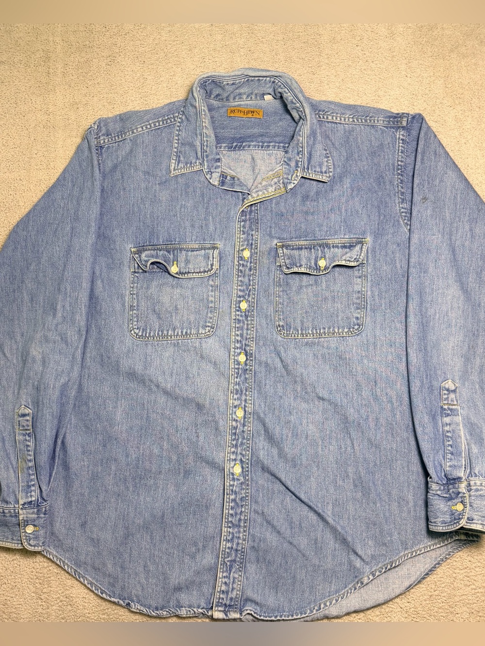 Vintage 90s Ruff Hewn Denim Shirt Mens XL Blue Cotton Button Down Long Sleeve
